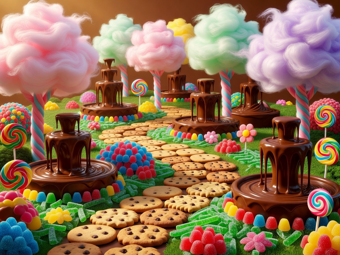 Fantasy candy garden filled with chocolate fountains, cotton candy trees, and cookie pathways in a cheerful 3D stylized illustration