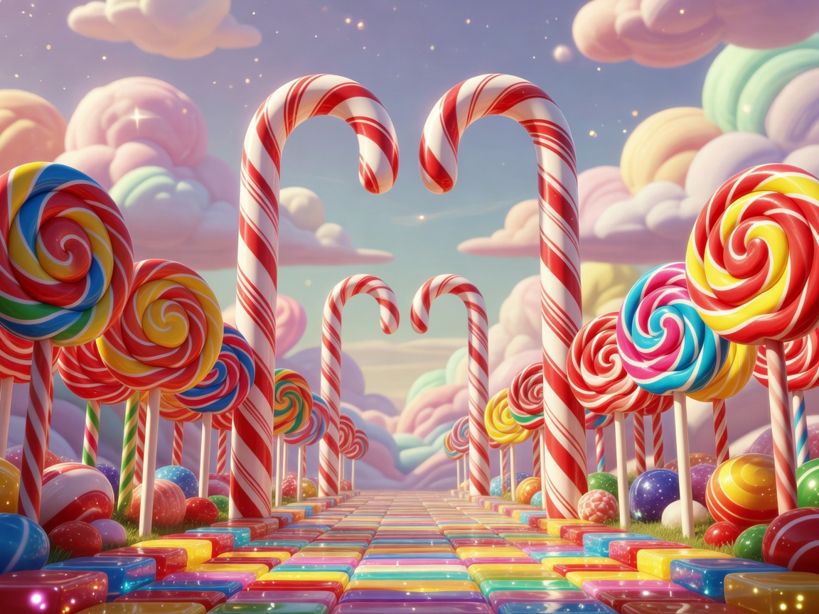 Magical Candy Kingdom entrance featuring giant candy canes, colorful lollipops, and marshmallow clouds in a whimsical 3D cartoon style