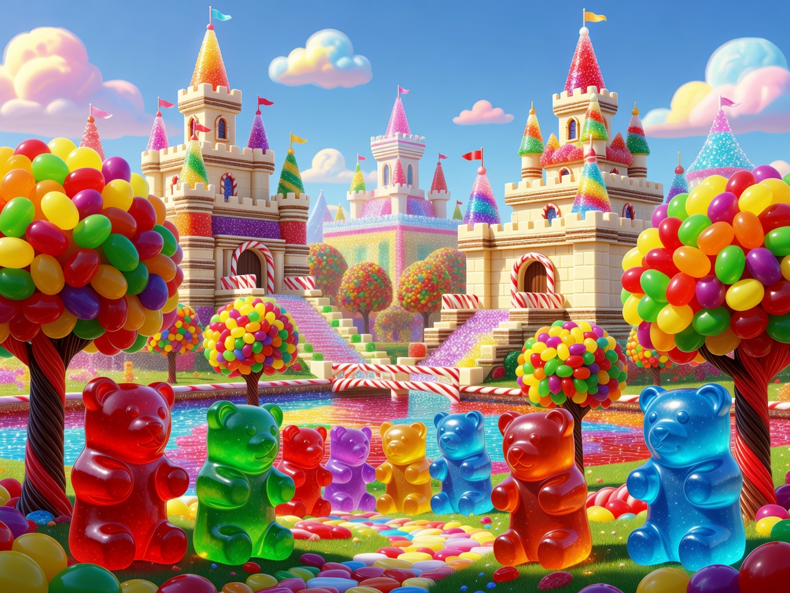 Vibrant Candy Slot world with giant gummy bears, jellybean trees, and candy castles in a colorful 3D cartoon artwork style